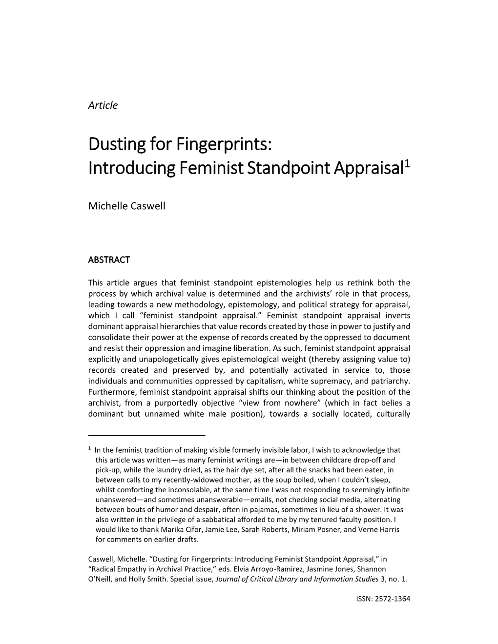 Dusting for Fingerprints: Introducing Feminist Standpoint Appraisal1
