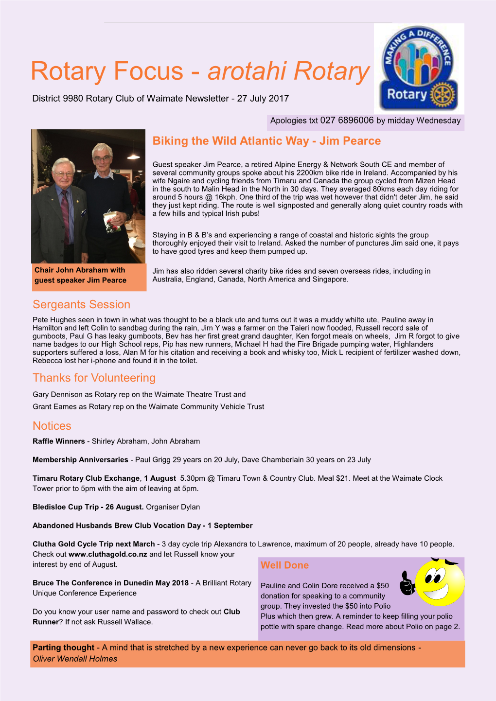 Arotahi Rotary District 9980 Rotary Club of Waimate Newsletter - 27 July 2017