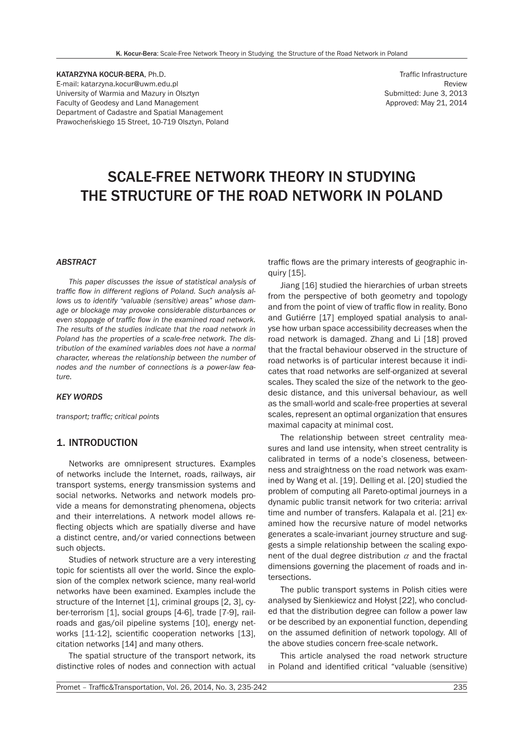 Scale-Free Network Theory in Studying the Structure of the Road Network in Poland