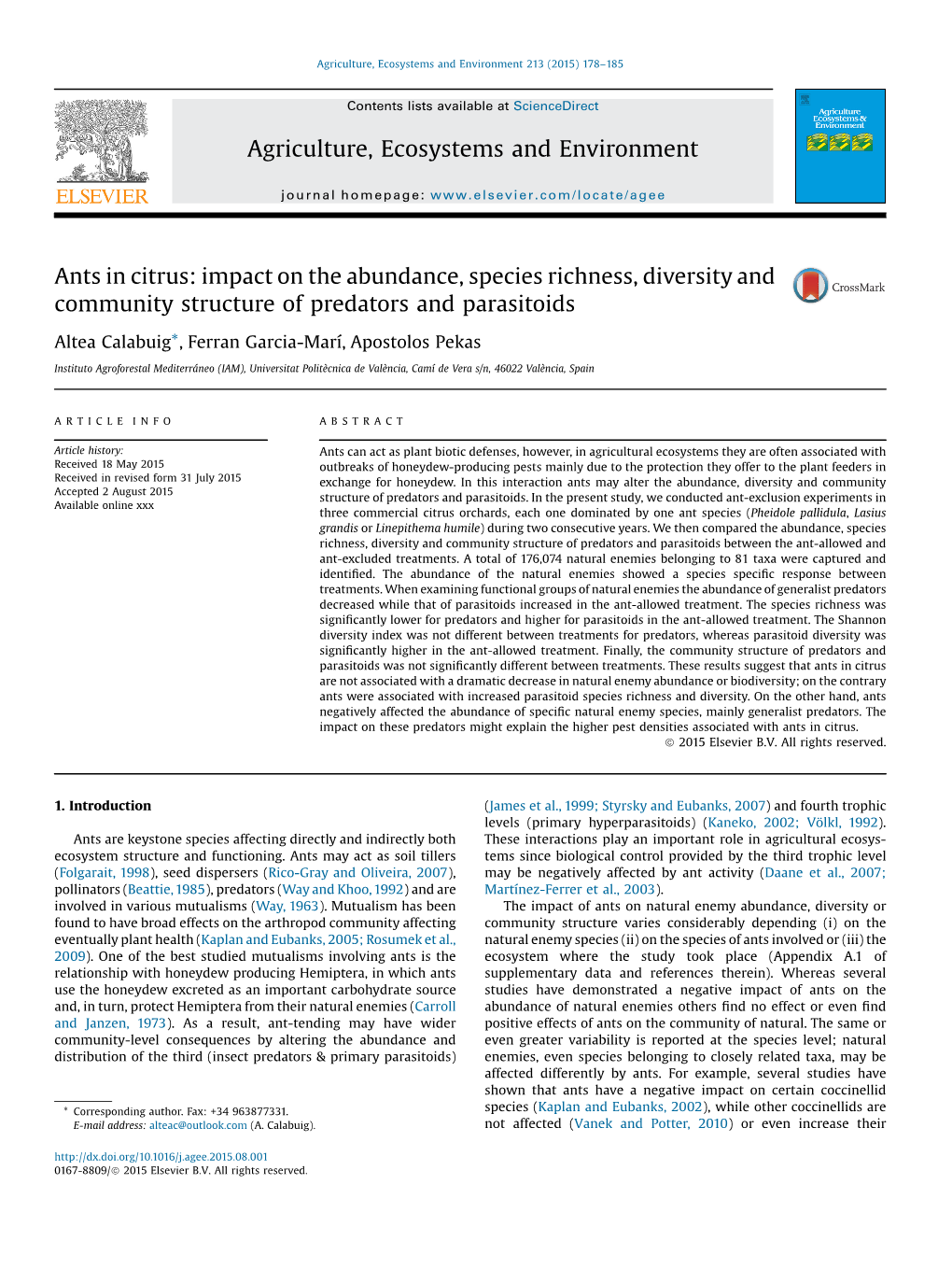 Ants in Citrus: Impact on the Abundance, Species Richness, Diversity And