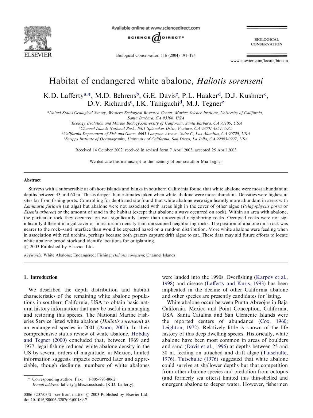 Habitat of Endangered White Abalone, Haliotis Sorenseni