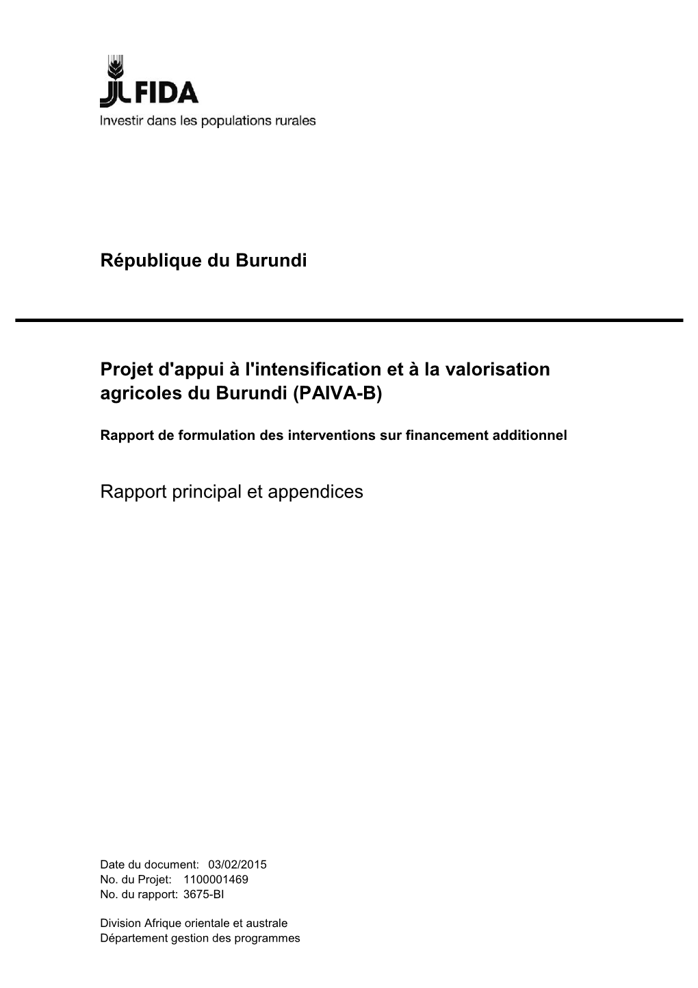 République Du Burundi Projet D'appui À L