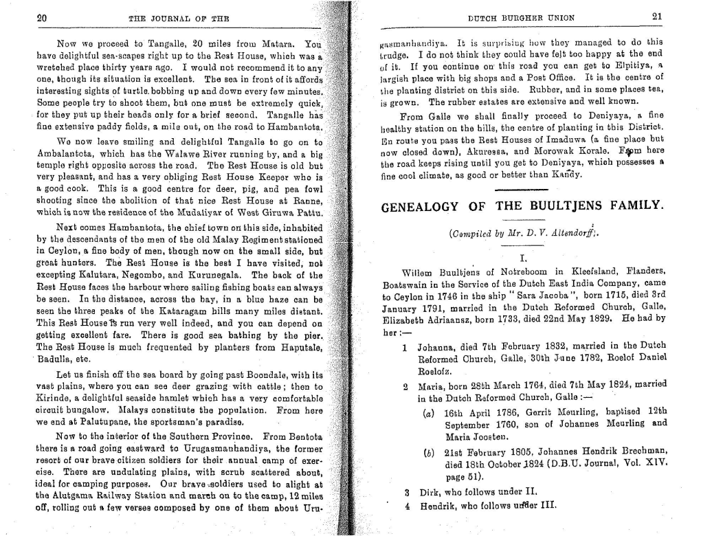 GENEALOGY of the BUULTJENS FAMILY. Which Is Now the Residence of the Mudaliyar of West Giruwa Pattu