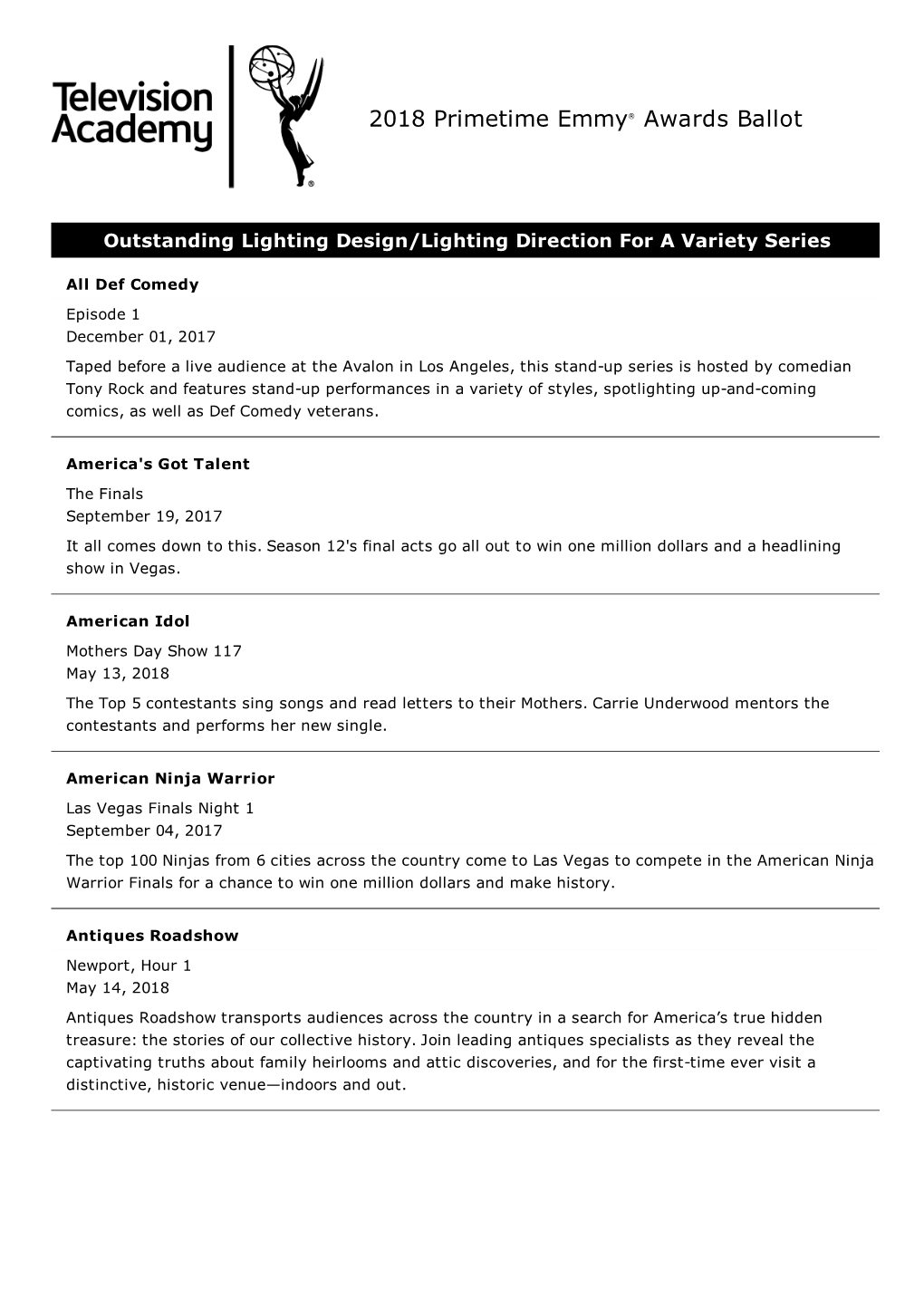 Outstanding Lighting Design/Lighting Direction for a Variety Series