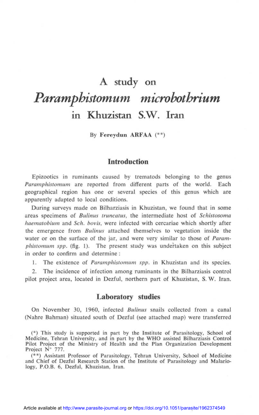 A Study of Paramphistomum Microbothrium in Khuzistan S.-W. Iran