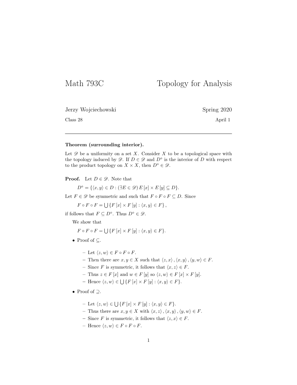 Math 793C Topology for Analysis