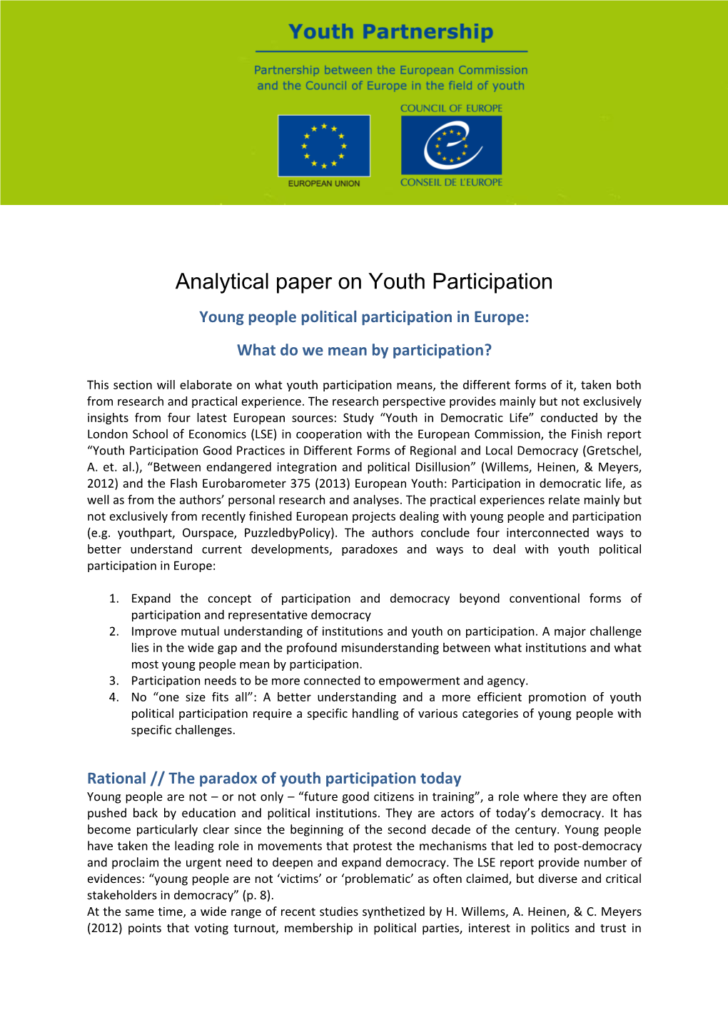Analytical Paper on Youth Participation Young People Political Participation in Europe: What Do We Mean by Participation?