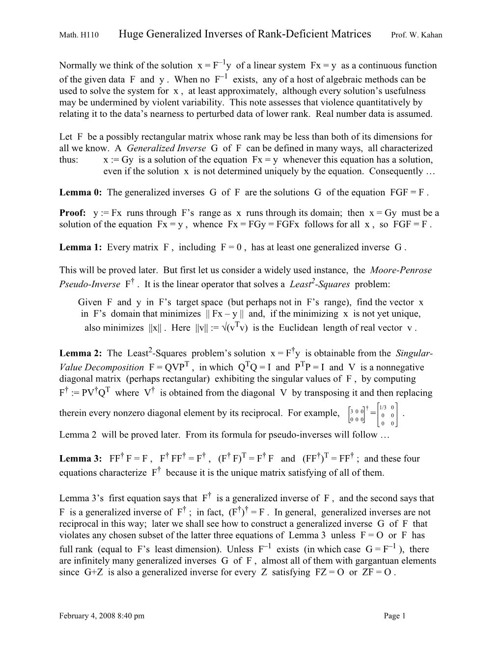 Math. H110 Huge Generalized Inverses of Rank-Deficient Matrices Prof