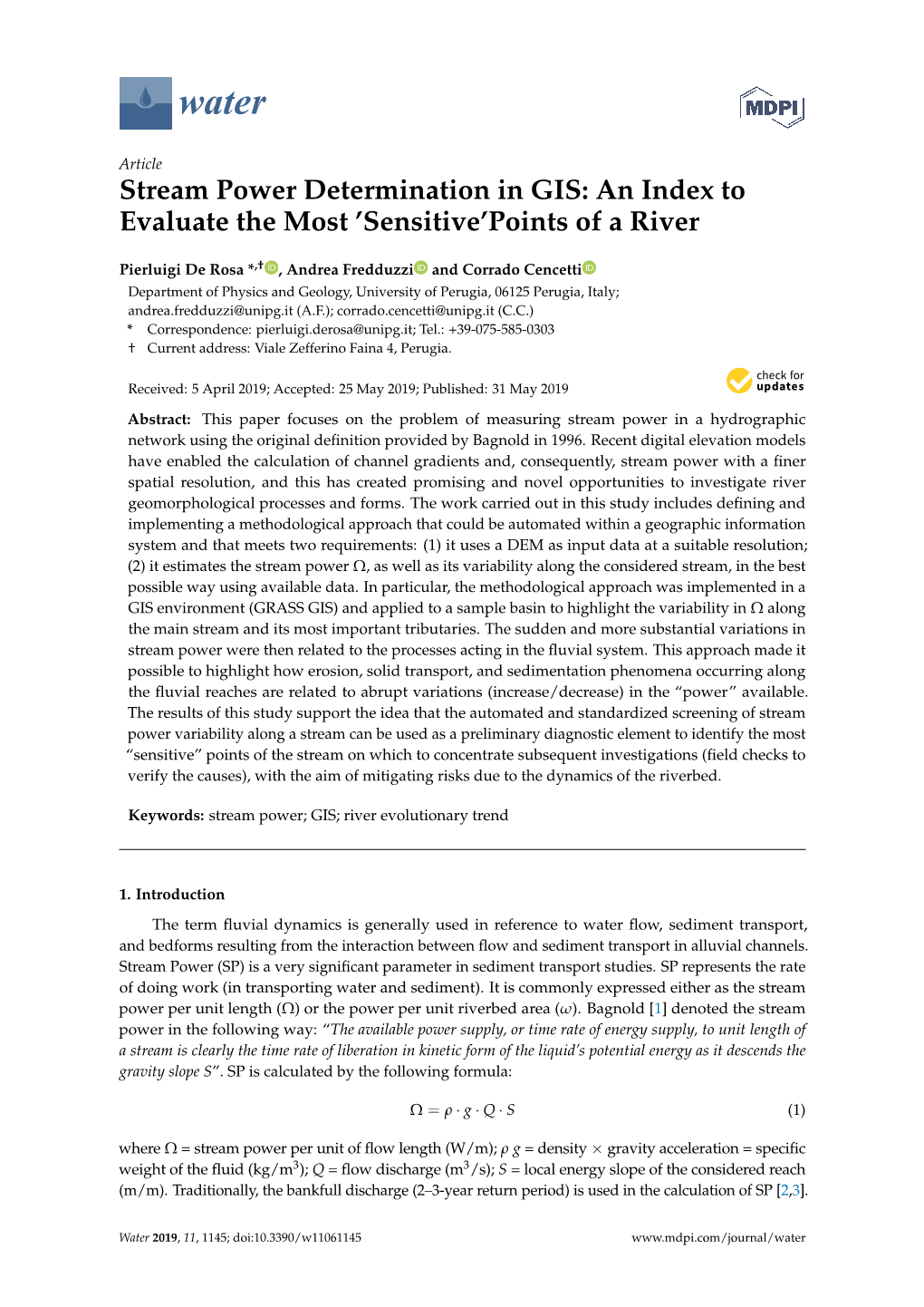 Stream Power Determination in GIS: an Index to Evaluate the Most ’Sensitive’Points of a River