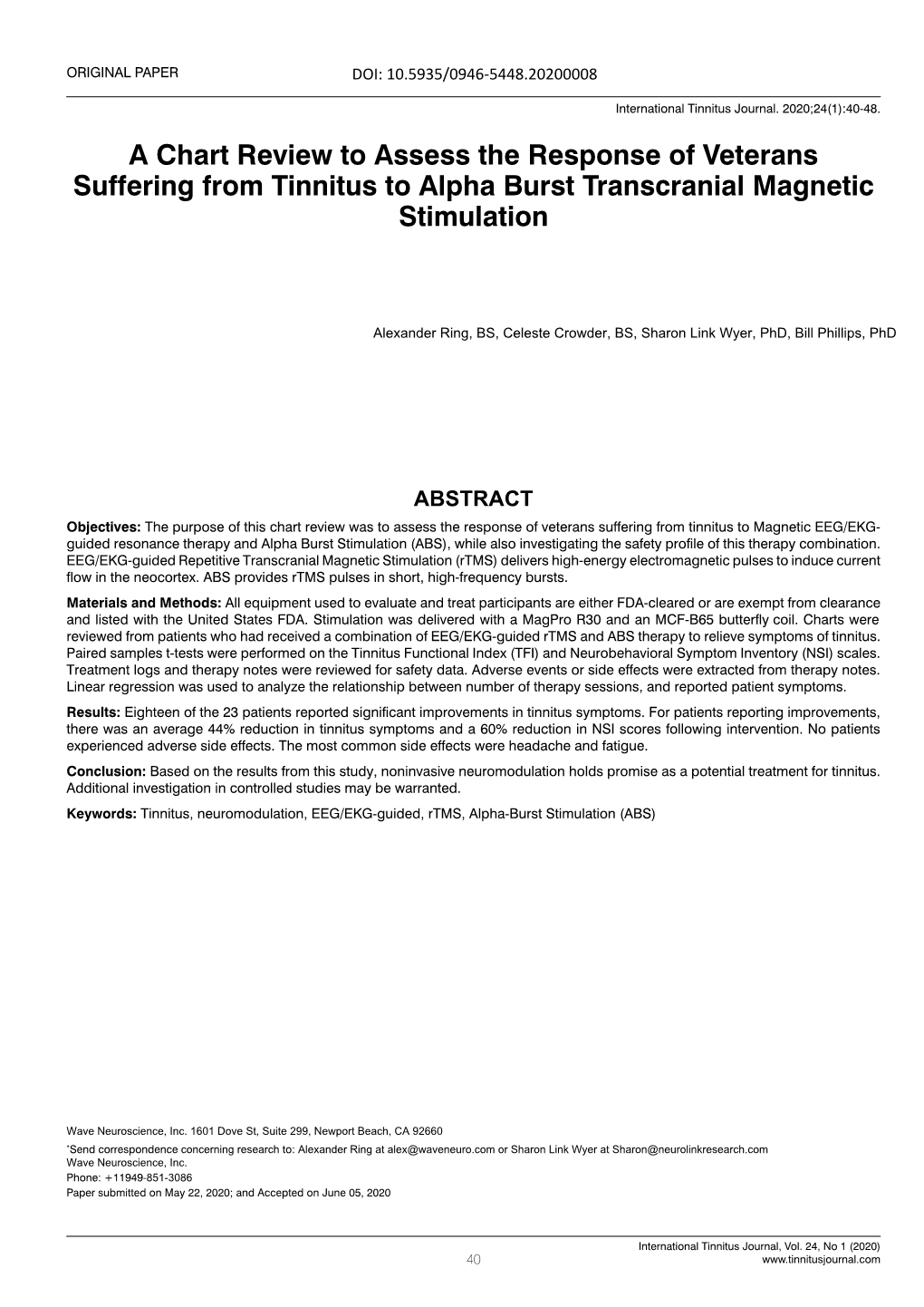 A Chart Review to Assess the Response of Veterans Suffering from Tinnitus to Alpha Burst Transcranial Magnetic Stimulation