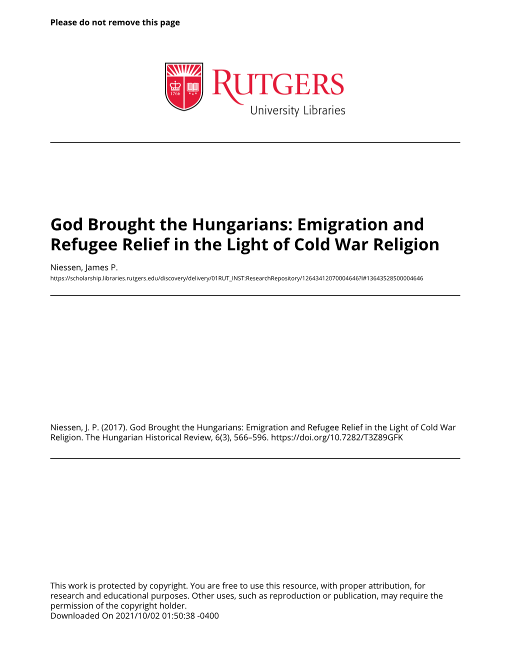 God Brought the Hungarians: Emigration and Refugee Relief in the Light of Cold War Religion