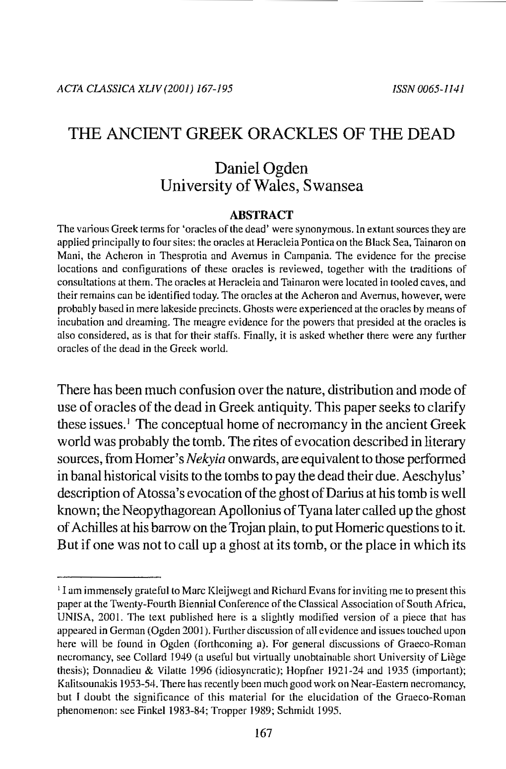 THE ANCIENT GREEK ORACKLES of the DEAD Daniel Ogden