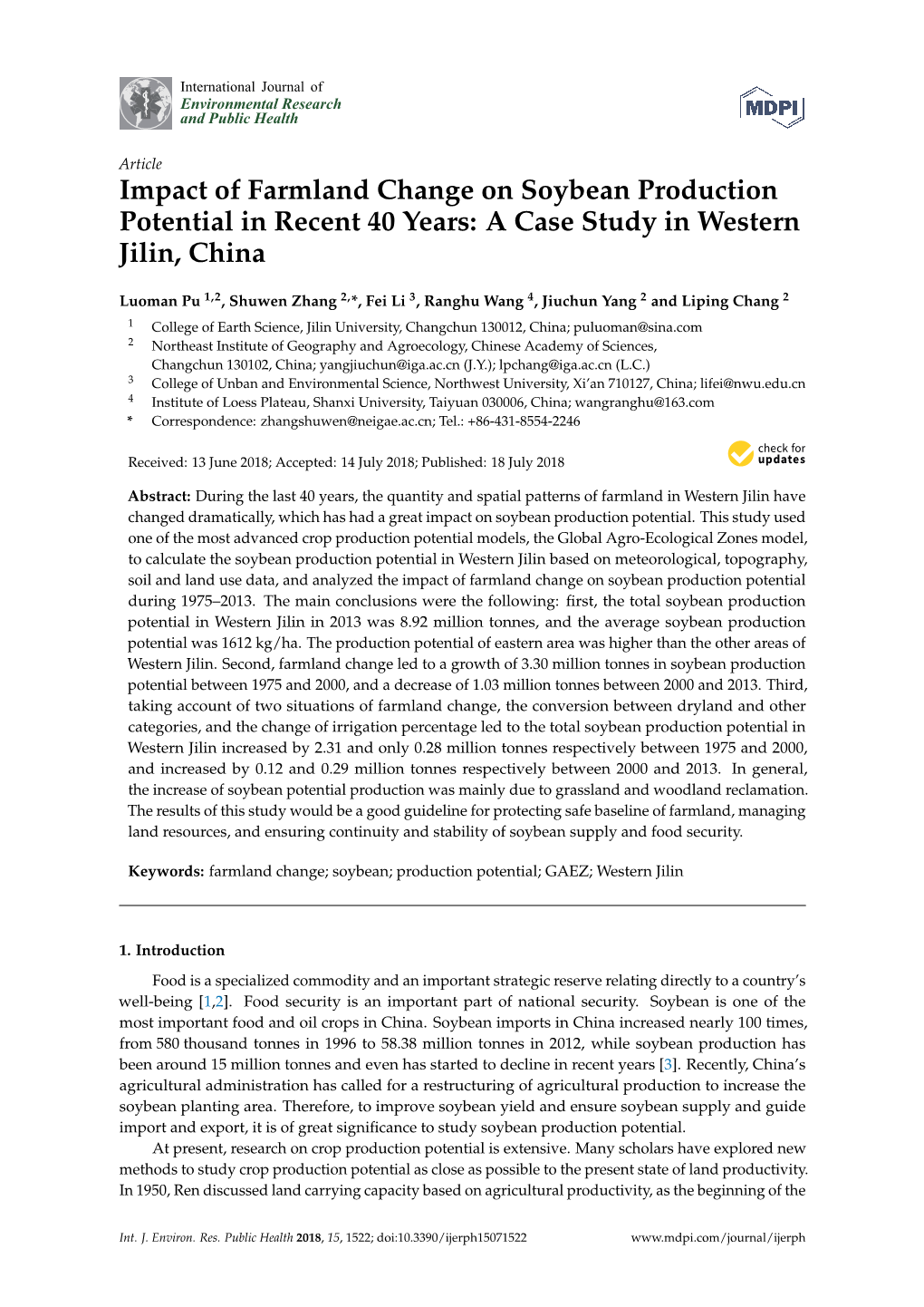 Impact of Farmland Change on Soybean Production Potential in Recent 40 Years: a Case Study in Western Jilin, China