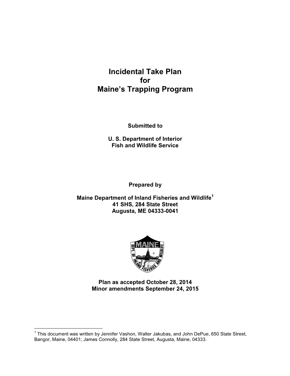 Incidental Take Plan for Maine's Trapping Program