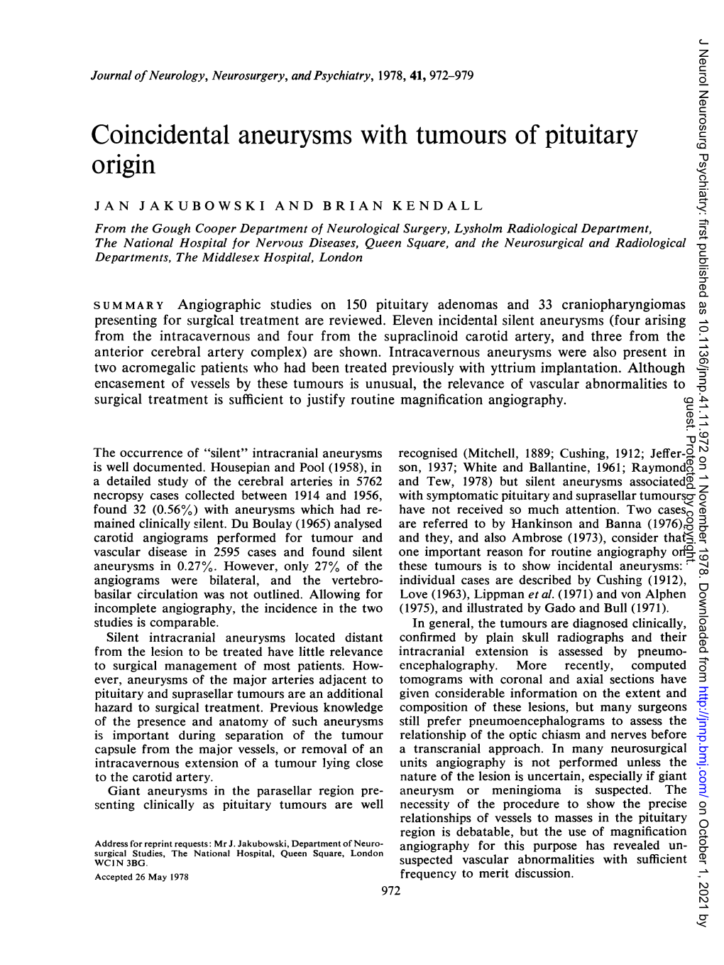 Coincidental Aneurysms with Tumours of Pituitary Origin