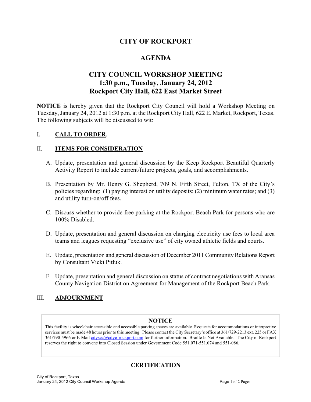 City of Rockport Agenda City Council Workshop Meeting