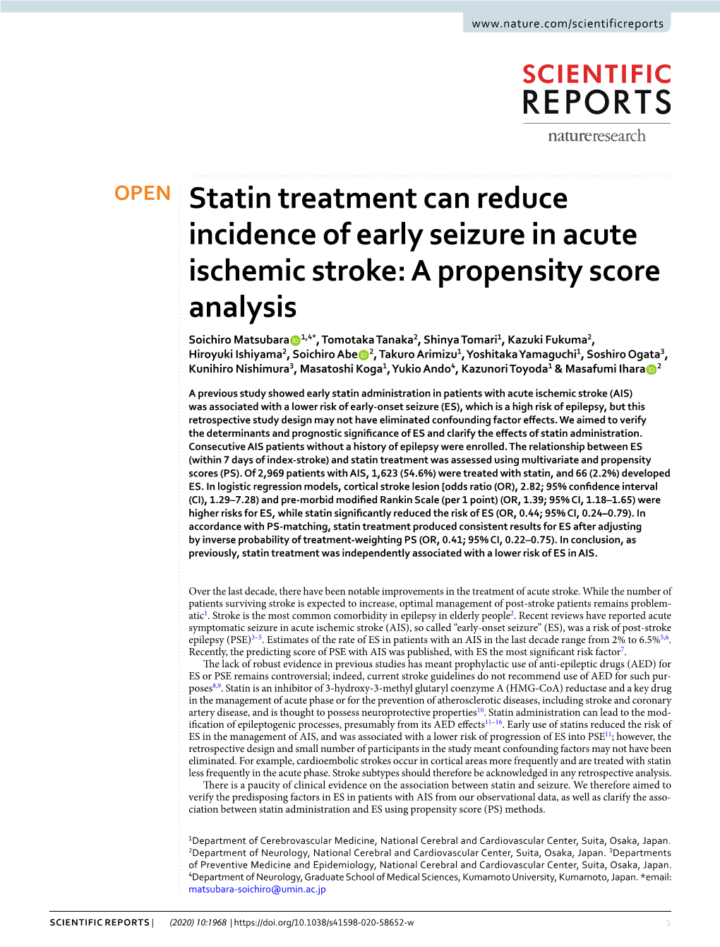 Statin Treatment Can Reduce Incidence of Early Seizure in Acute Ischemic