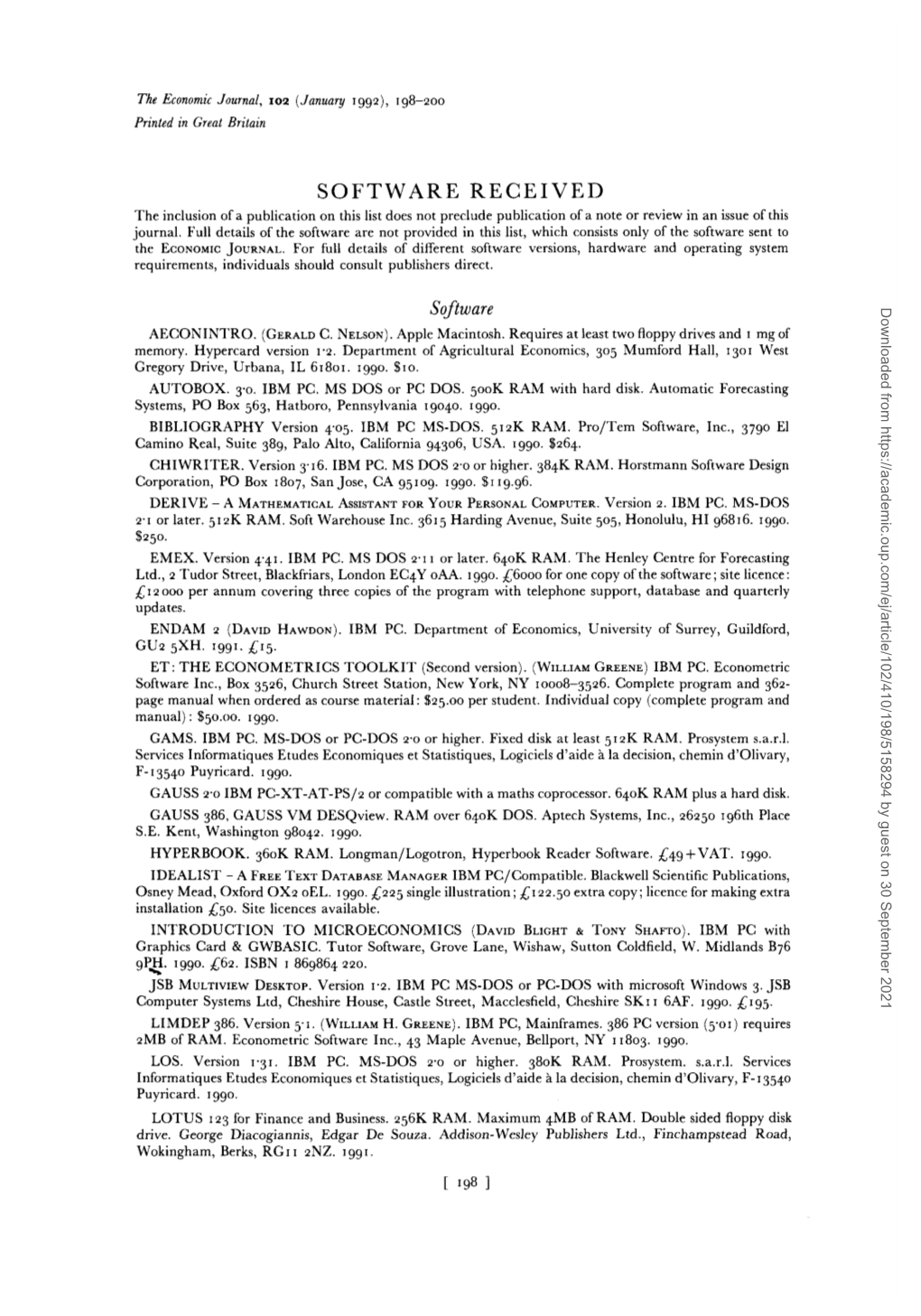 SOFTWARE RECEIVED the Inclusion of a Publication on This List Does Not Preclude Publication of a Note Or Review in an Issue of This Journal