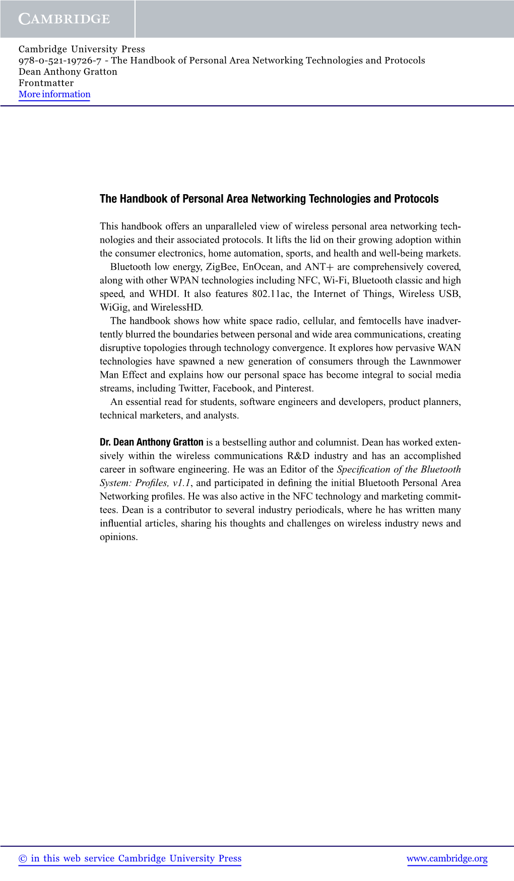 The Handbook of Personal Area Networking Technologies and Protocols Dean Anthony Gratton Frontmatter More Information