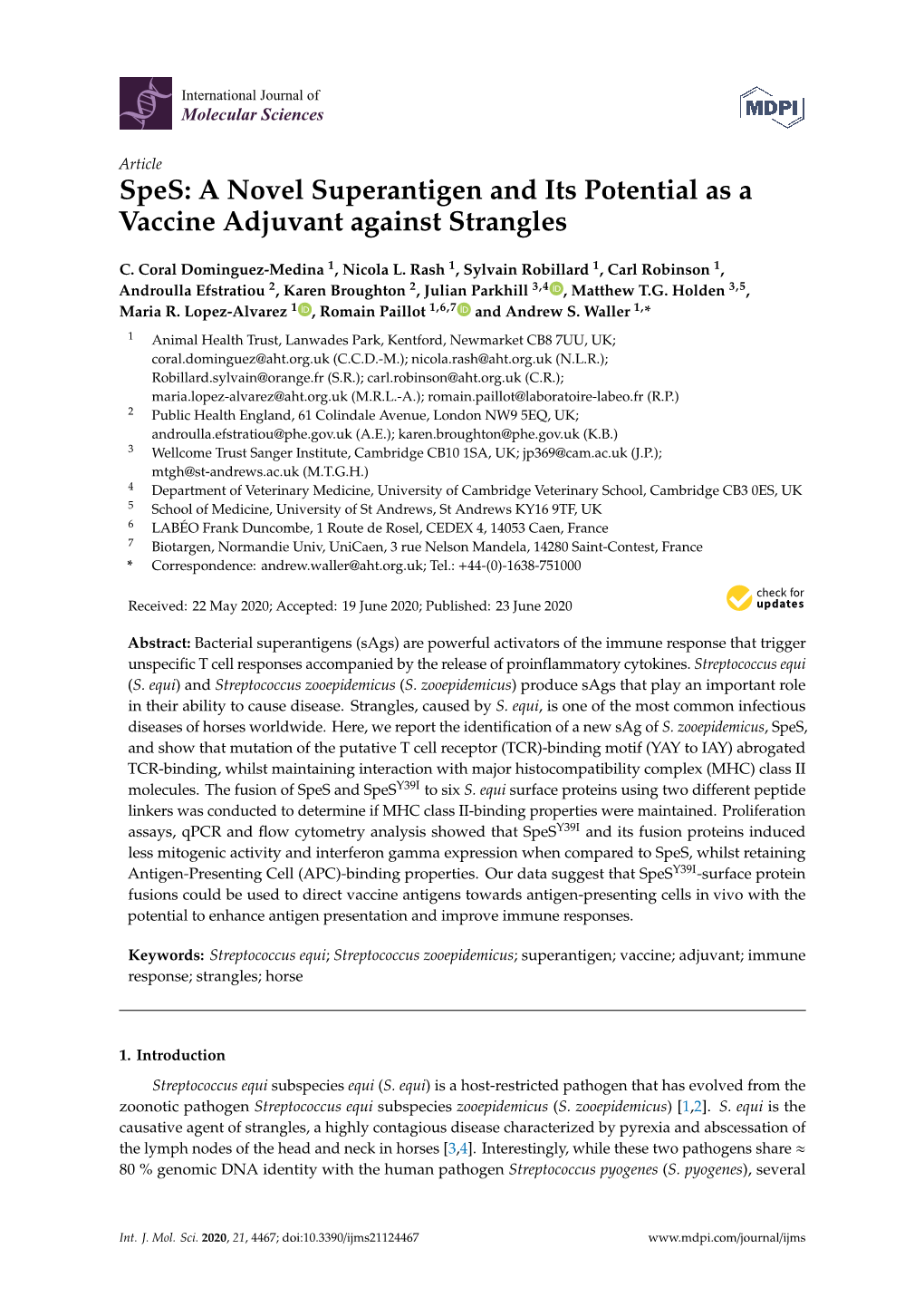 A Novel Superantigen and Its Potential As a Vaccine Adjuvant Against Strangles