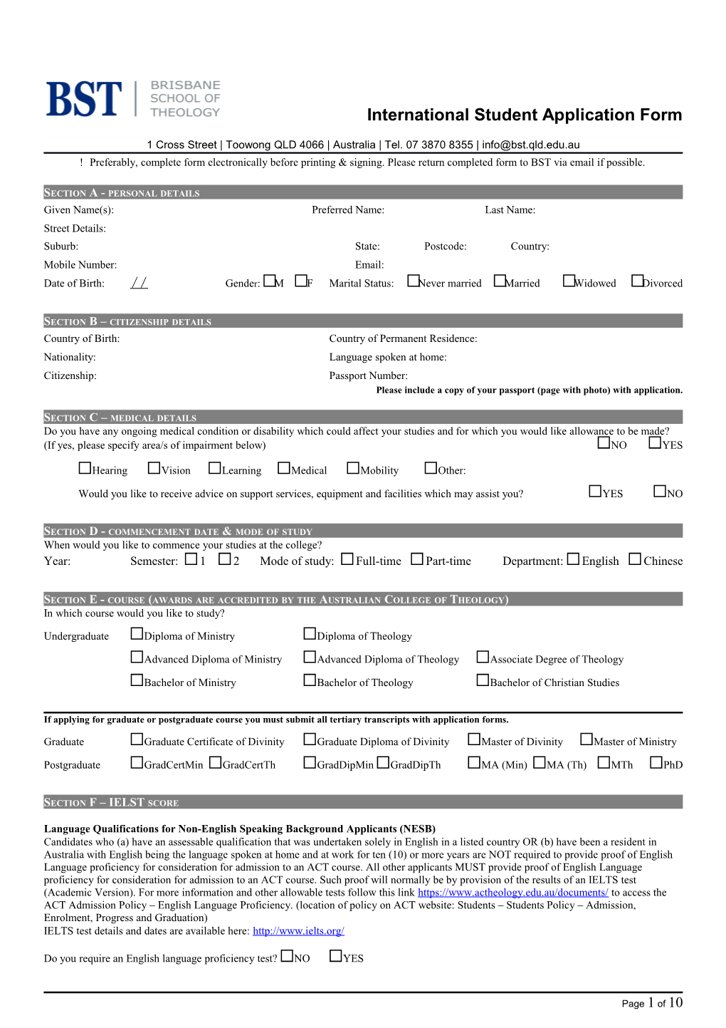 BST Application Form - Domestic Student