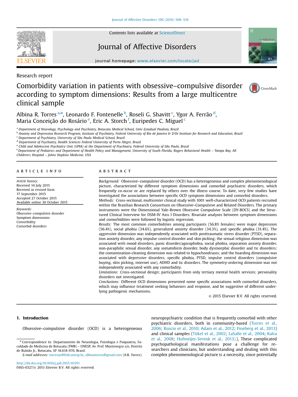 Comorbidity Variation in Patients with Obsessive–Compulsive Disorder According to Symptom Dimensions: Results from a Large Multicentre Clinical Sample