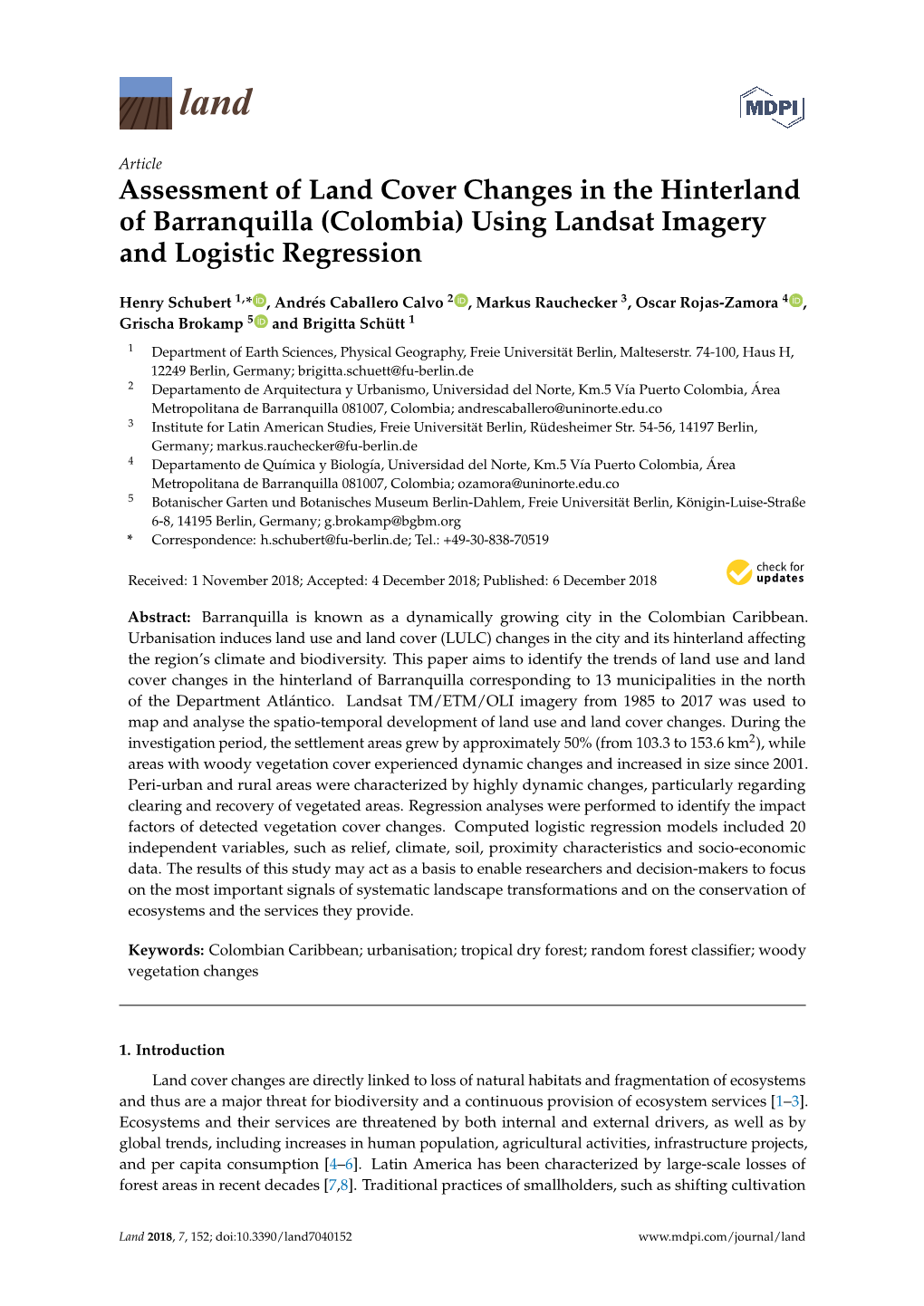 Colombia) Using Landsat Imagery and Logistic Regression