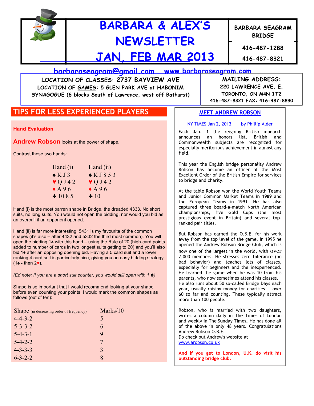 Barbara & Alex's Newsletter Jan, Feb Mar 2013