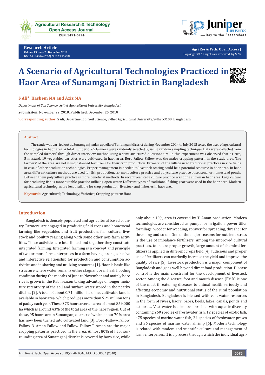 A Scenario of Agricultural Technologies Practiced in Haor Area of Sunamganj District in Bangladesh