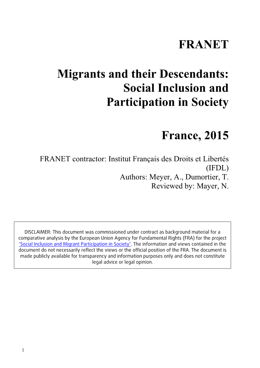 Migrants and Their Descendants: Social Inclusion and Participation in Society