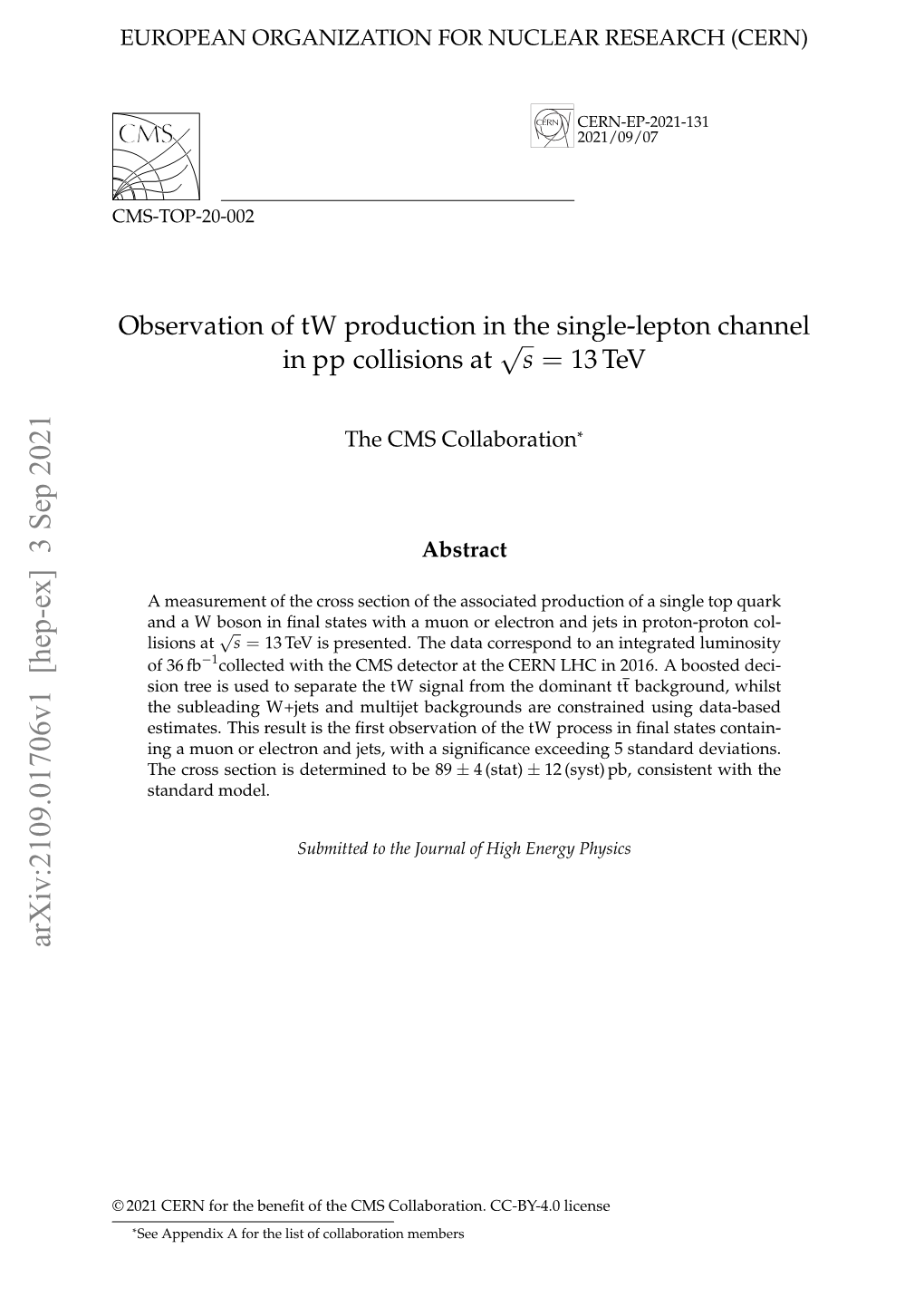 Observation of Tw Production in the Single-Lepton Channel in Pp