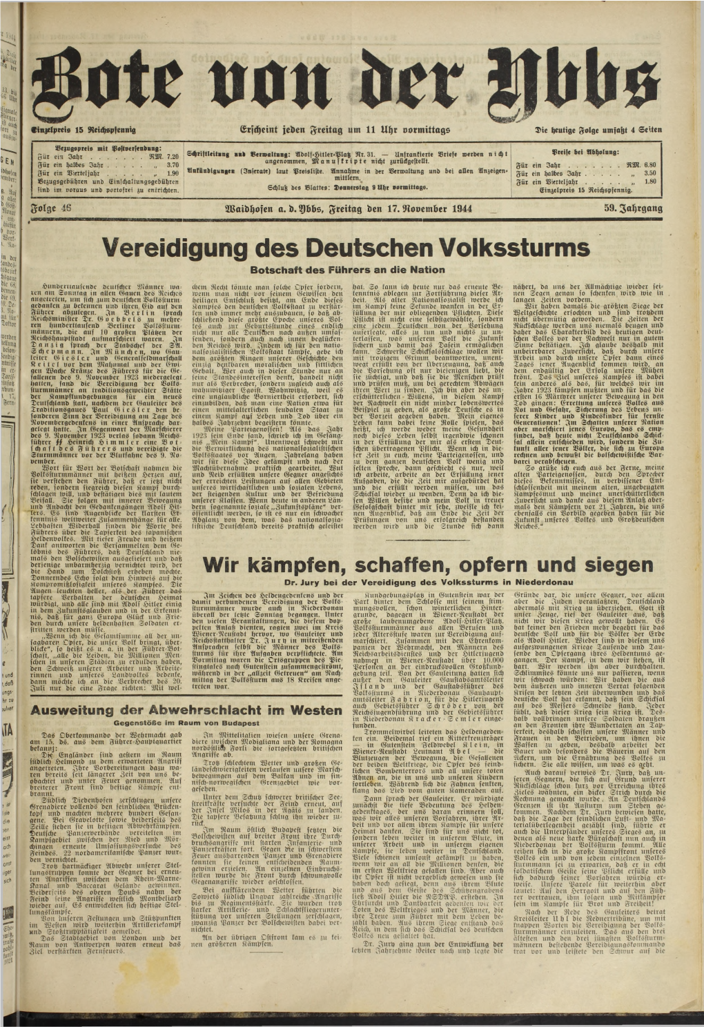 Vereidigung Des Deutschen Volkssturms Botschaft Des Führers an Die Nation