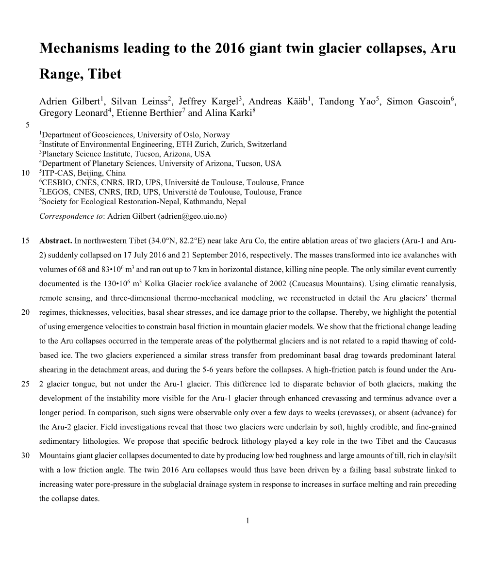 Mechanisms Leading to the 2016 Giant Twin Glacier Collapses, Aru Range, Tibet