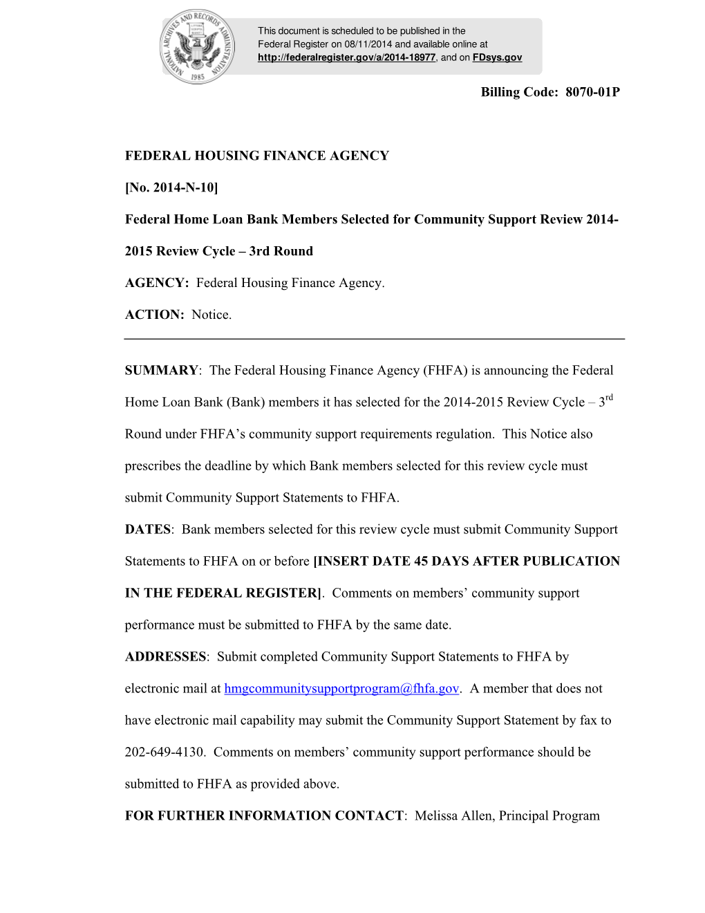 Federal Home Loan Bank Members Selected for Community Support Review 2014