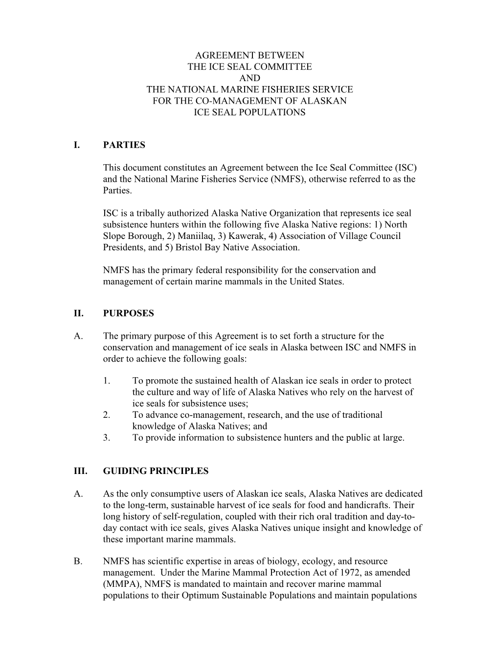 Agreement Between the Ice Seal Committee and the National Marine Fisheries Service for the Co-Management of Alaskan Ice Seal Populations