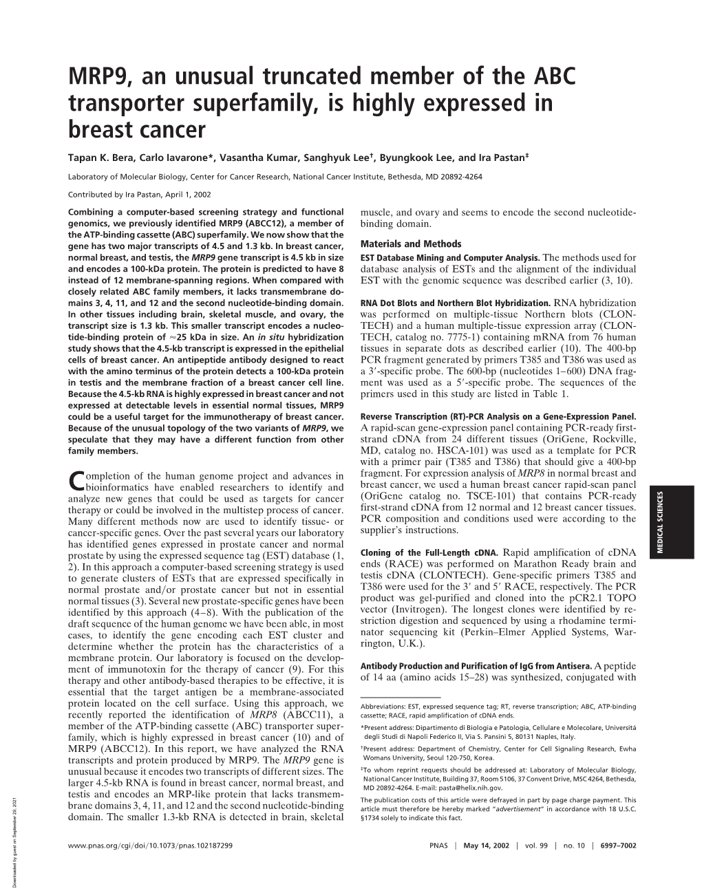MRP9, an Unusual Truncated Member of the ABC Transporter Superfamily, Is Highly Expressed in Breast Cancer