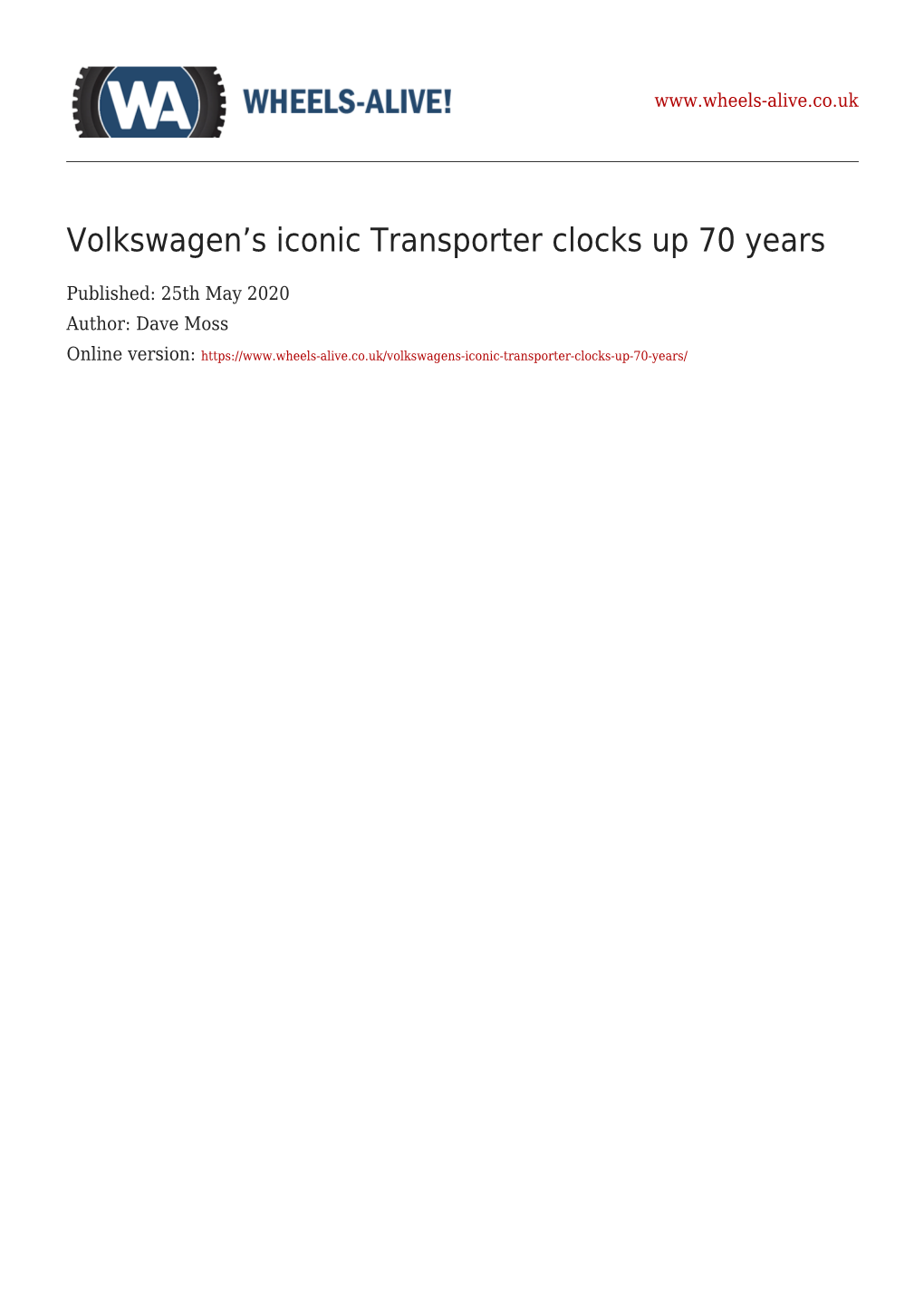 Volkswagen's Iconic Transporter Clocks up 70 Years