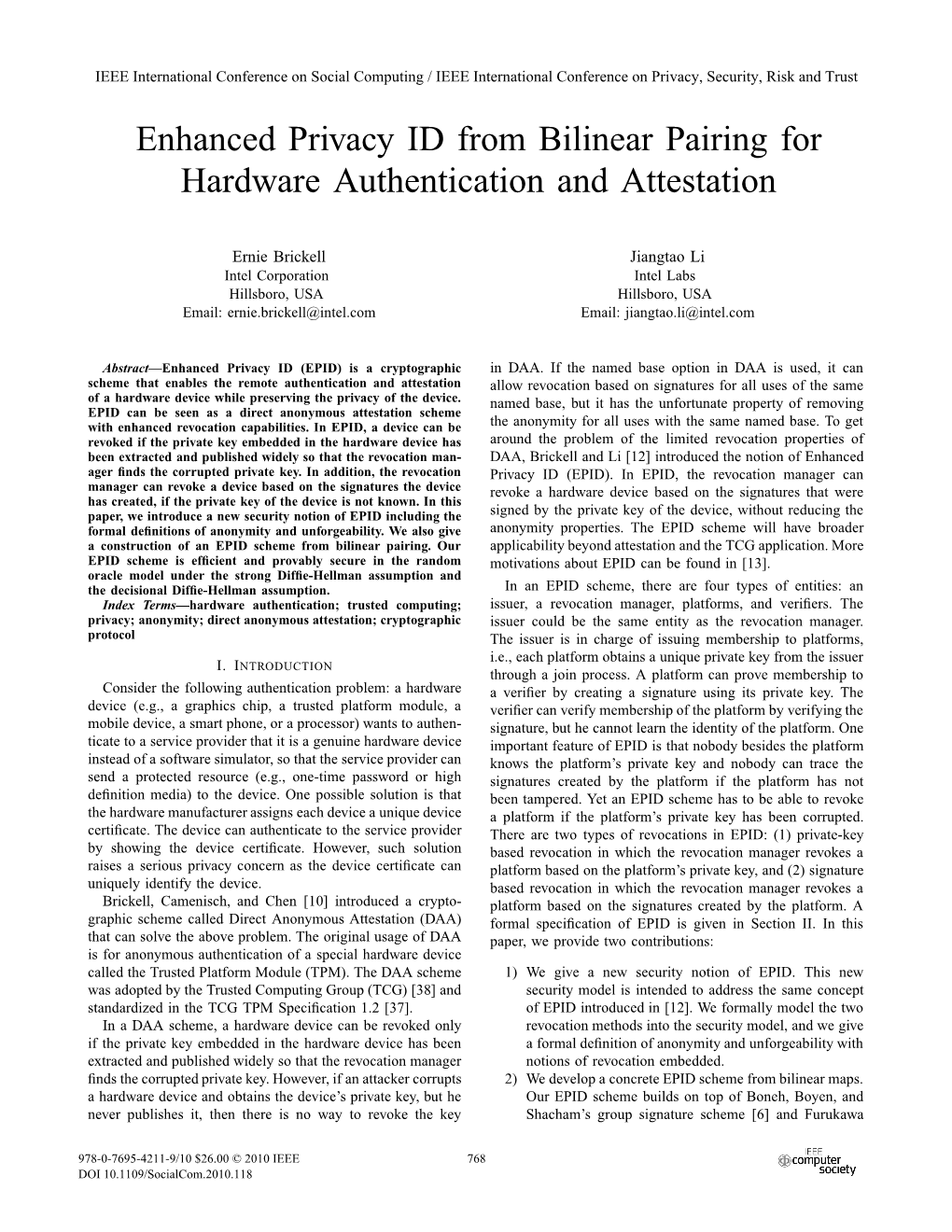 Enhanced Privacy ID from Bilinear Pairing for Hardware Authentication and Attestation