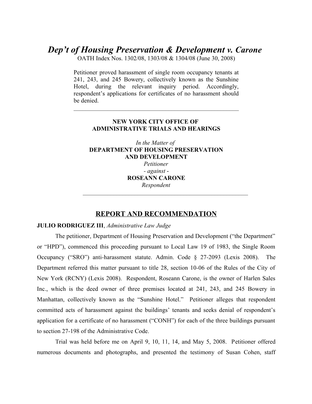 Dep T of Housing Preservation & Development V