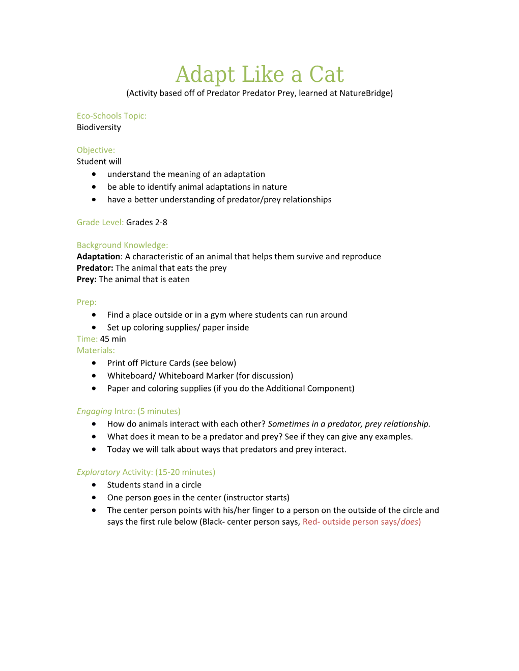 Activity Based Off of Predator Predator Prey, Learned at Naturebridge