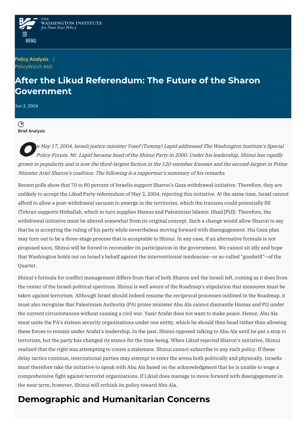 After the Likud Referendum: the Future of the Sharon Government