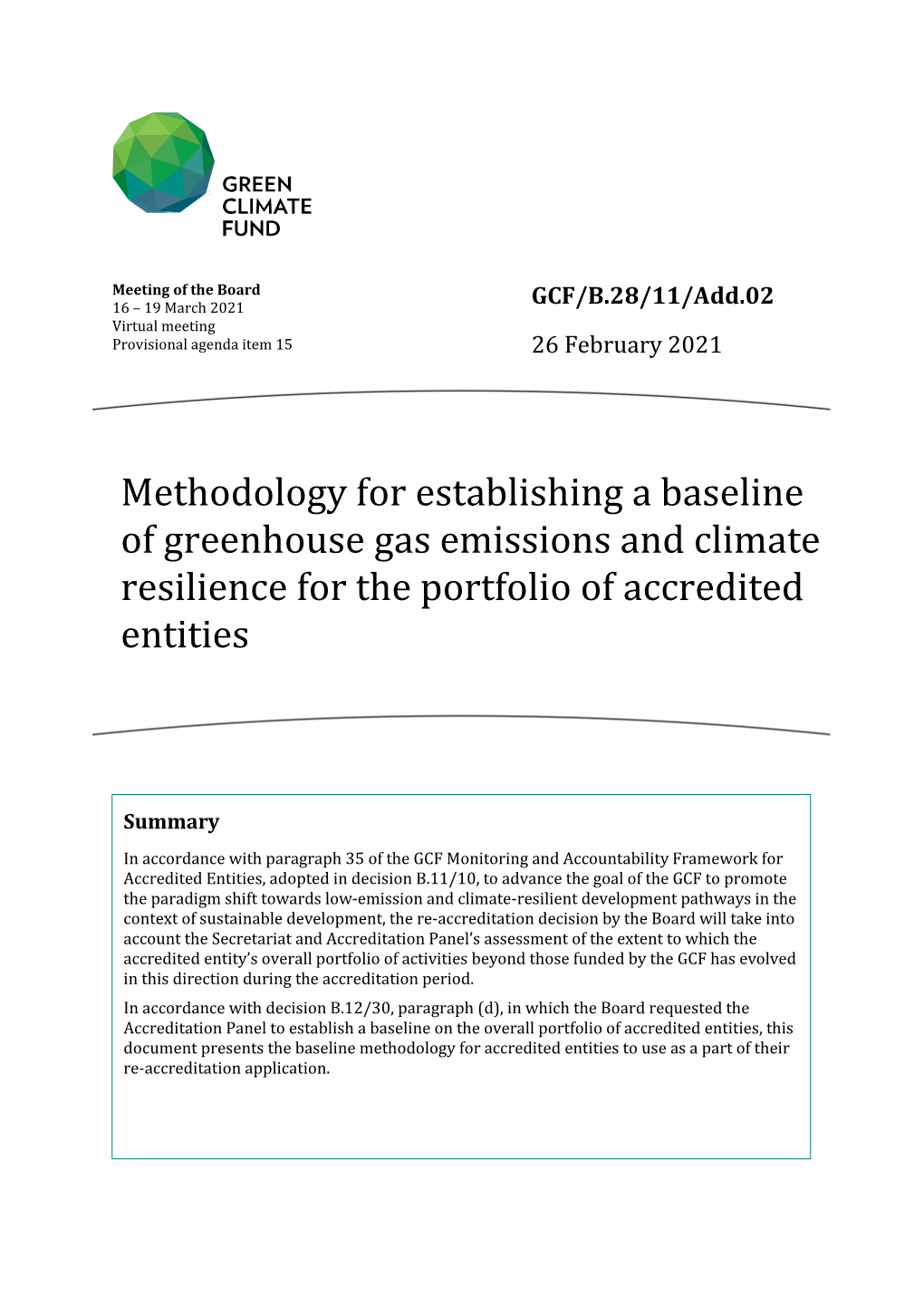 Methodology for Establishing a Baseline of Greenhouse Gas Emissions and Climate Resilience for the Portfolio of Accredited Entities