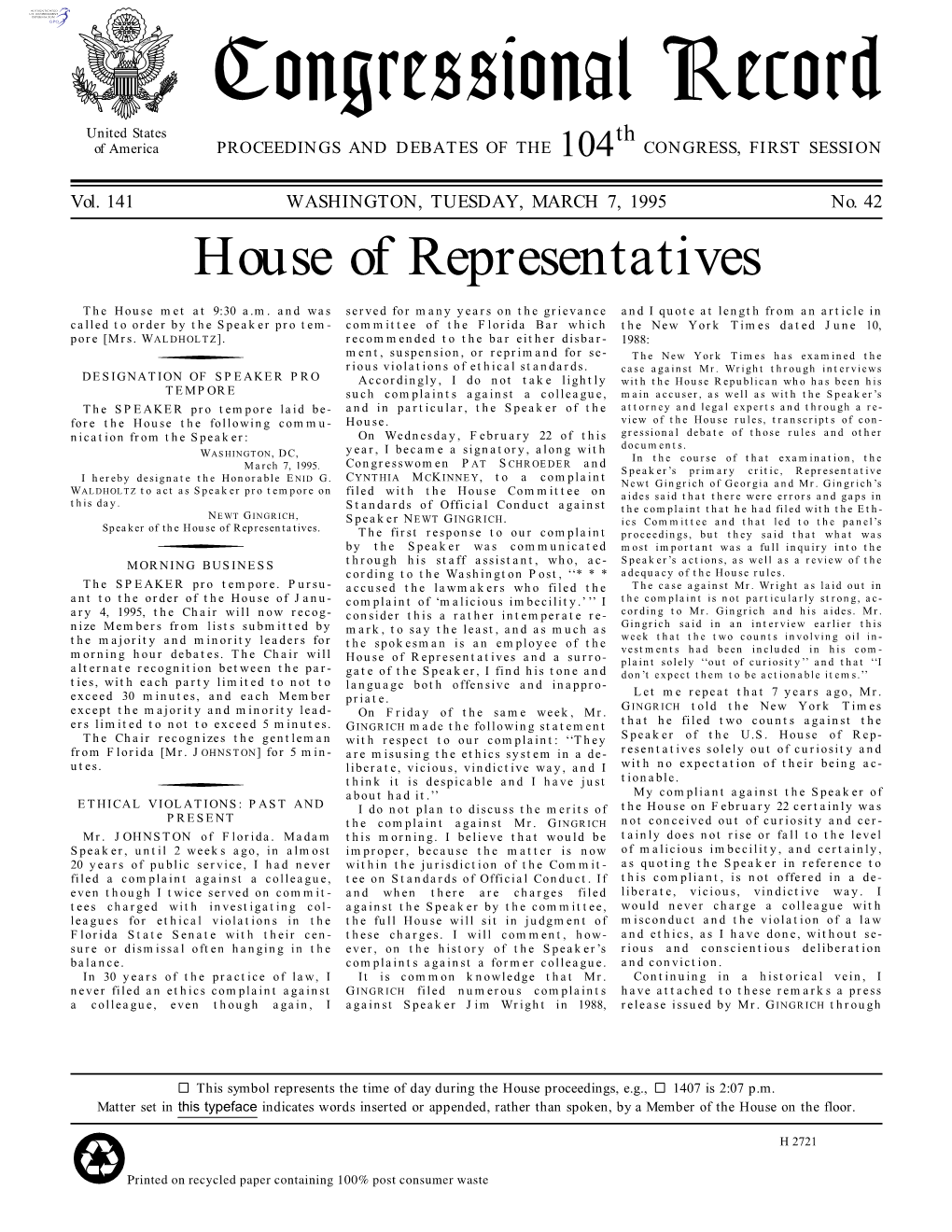 Congressional Record United States Th of America PROCEEDINGS and DEBATES of the 104 CONGRESS, FIRST SESSION