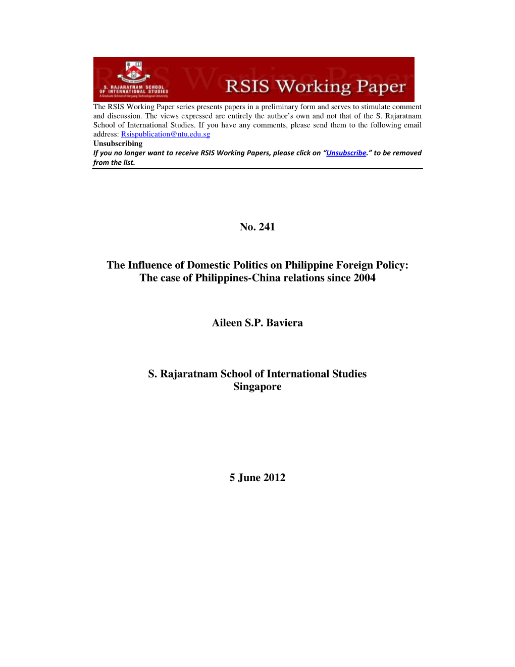 The Influence of Domestic Politics on Philippine Foreign Policy: the Case of Philippines-China Relations Since 2004