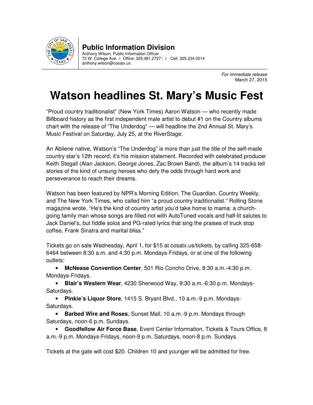 Watson Headlines St. Mary's Music Fest