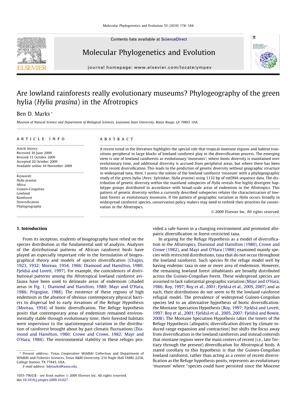 Are Lowland Rainforests Really Evolutionary Museums? Phylogeography of the Green Hylia (Hylia Prasina) in the Afrotropics