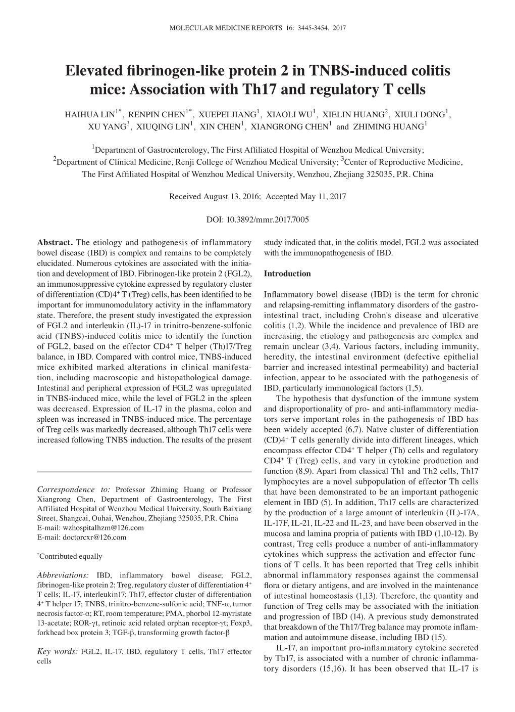 Elevated Fibrinogen‑Like Protein 2 in TNBS‑Induced Colitis Mice: Association with Th17 and Regulatory T Cells