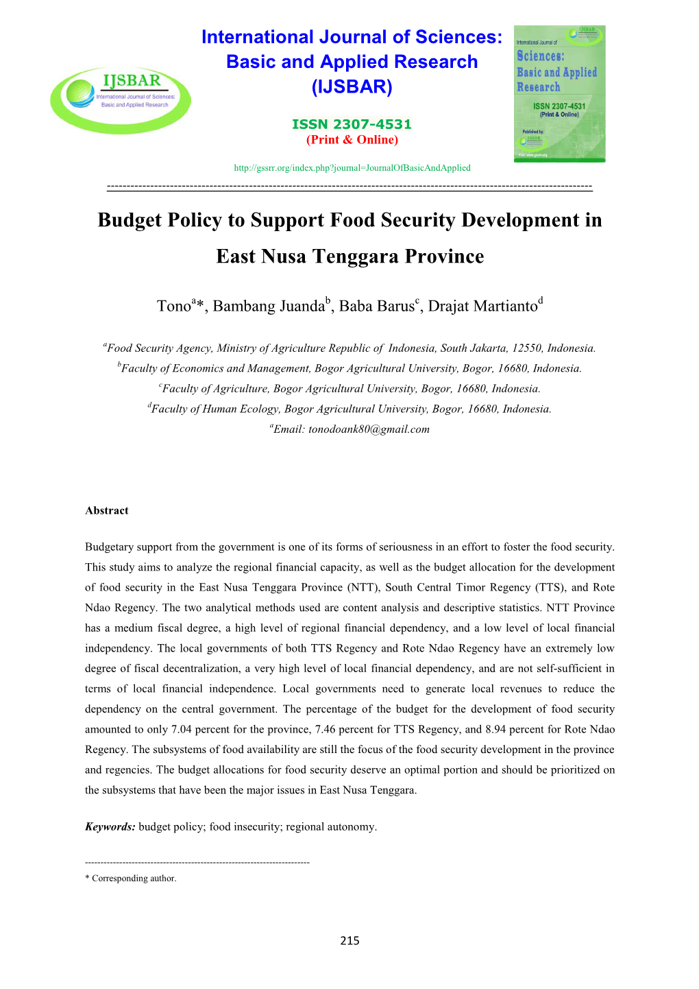 Budget Policy to Support Food Security Development in East Nusa Tenggara Province