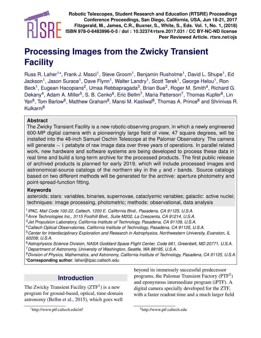 Processing Images from the Zwicky Transient Facility