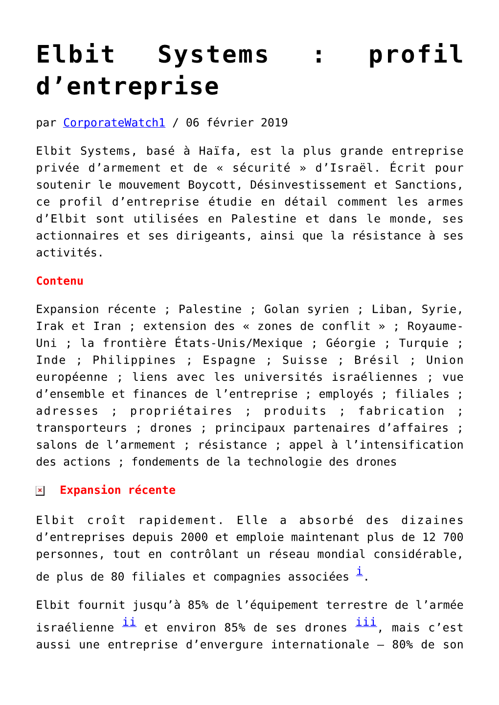 Elbit Systems : Profil D’Entreprise Par Corporatewatch1 / 06 Février 2019